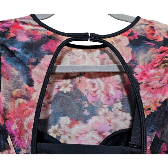 Floral Mesh Overlay One-Piece Swimsuit With Keyhole Back Pink & Black Women's Si - Picture 5 of 15